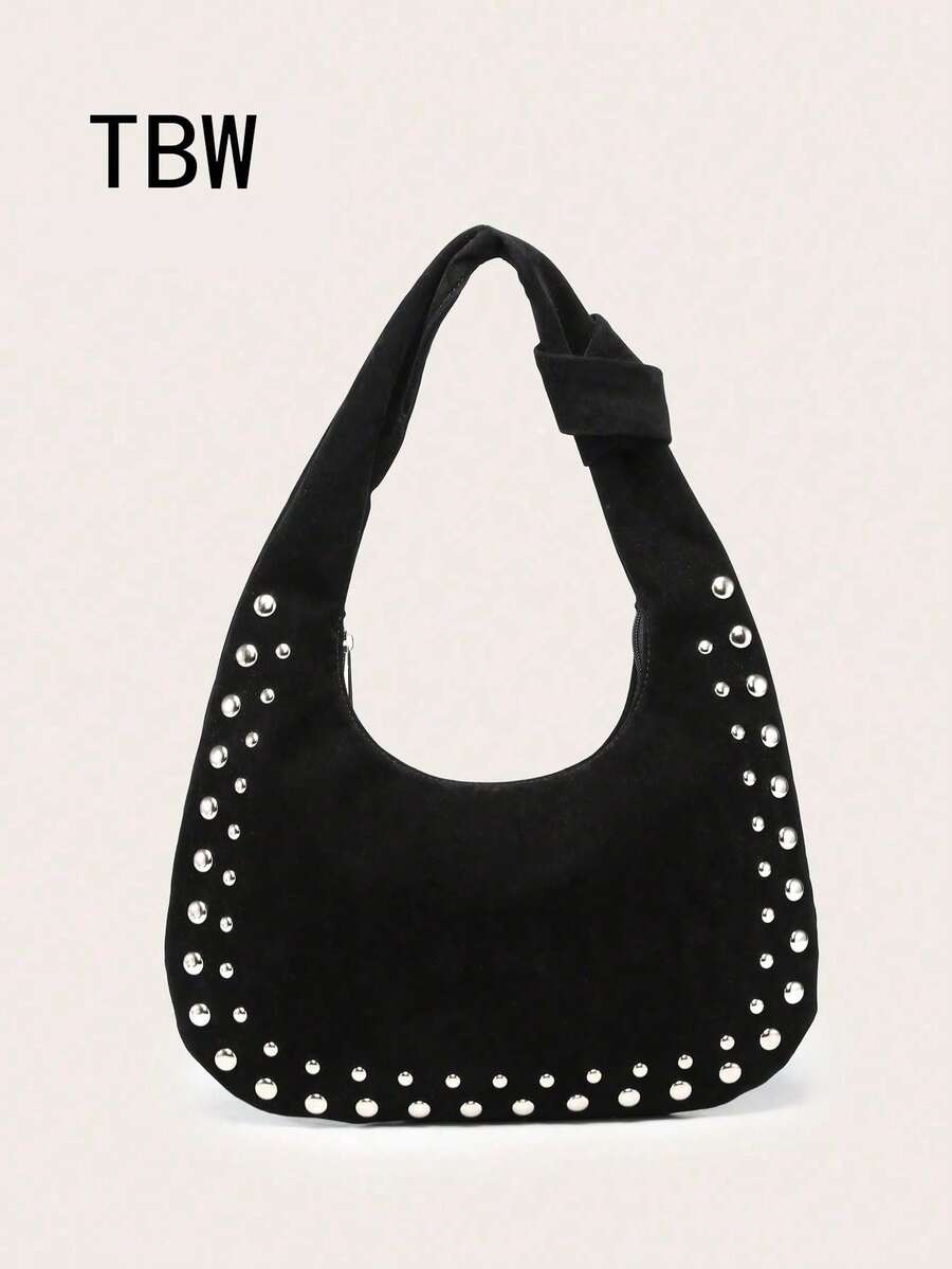 Bolso de hombro con forma de media luna para mujer, material de PU, gran capacidad, decoración con remaches, estilo vintage, adecuado para ir al trabajo y salidas - Negro - Ver 1