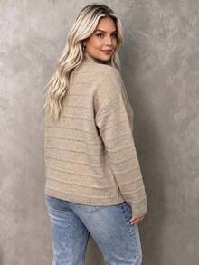 Plus Size Women's Beige Knit Stand Collar Drop Shoulder Long Sleeve Pullover Sweater, Medium Stretch, Standard Length, Autumn/Winter Essential - Apricot - View 4