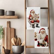 2PCS Kitchen Towel, Funny Santa Claus Pattern Kitchen Towel Dishcloth, 40*60cm Rectangular Microfiber Absorbent Cleaning Kitchen Towel, Perfect For Kitchen, Dining Room And Bathroom Use, Kitchen Decor, Home Decor, Neighbor Housewarming Gift, Dishcloth - Multicolor - View 2