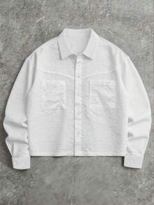 GOLDREDY Japanese Minimalist Textured Shirt Men's Loose Short Length Lapel Collar Utility Double Pocket Long Sleeve Top - White - View 6