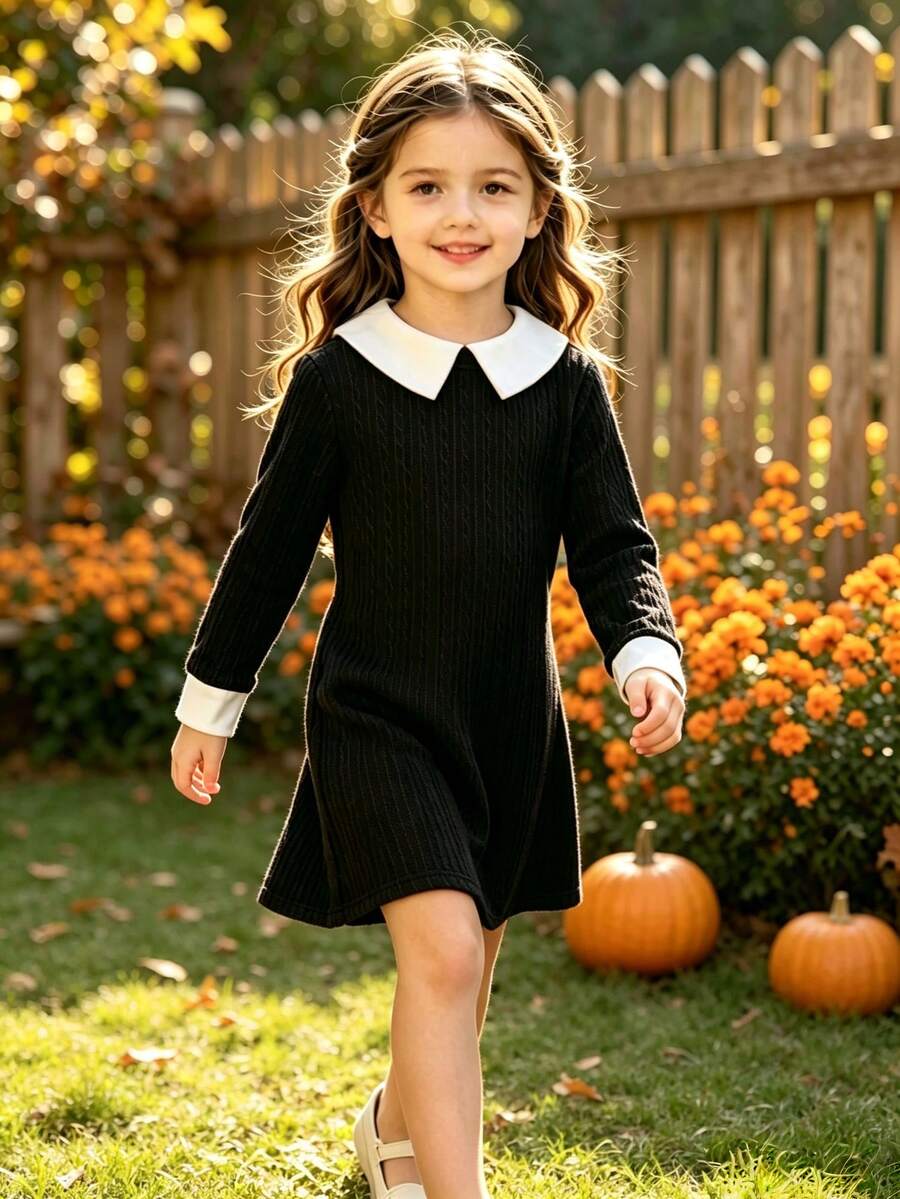 Young Girls Contrast Collar Black Fitted Long Sleeve Dress Suitable For Holiday Party Gift Autumn Winter - Black - View 1