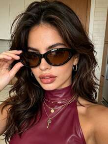1pc Wrapped Cat Eye Fashion Glasses Y2K Personalized Retro Versatile Casual Glasses Suitable For Daily Wear Street Photography Vacation Travel Autumn/Winter Outfit Summer Beach Accessory Back To School Outfit - Brown - View 2