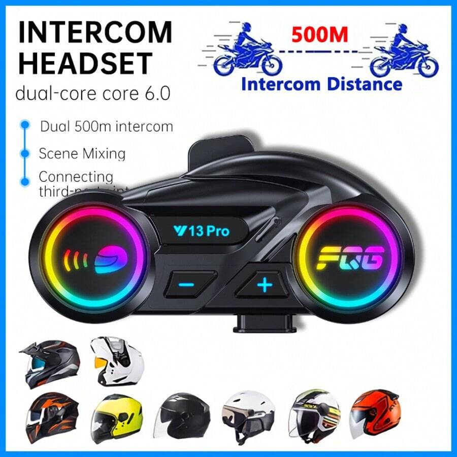 Y13 Pro Motorcycle Helmet With Wireless Headphones 500M Intercom Version, Equipped With BT5.4+BT5.4 Dual-Core Bluetooth Chip, RGB Lighting Effects, IP56 Waterproof And Dustproof, Built-In Intercom Indicator, Supports Cross-Brand Intercom, Intercom Distance Up To 500M, Compatible With Half-Face And Full-Face Helmets, Large 1000mAh Battery, Supports Simultaneous Intercom And Music Sharing, Supports AI Voice Assistant