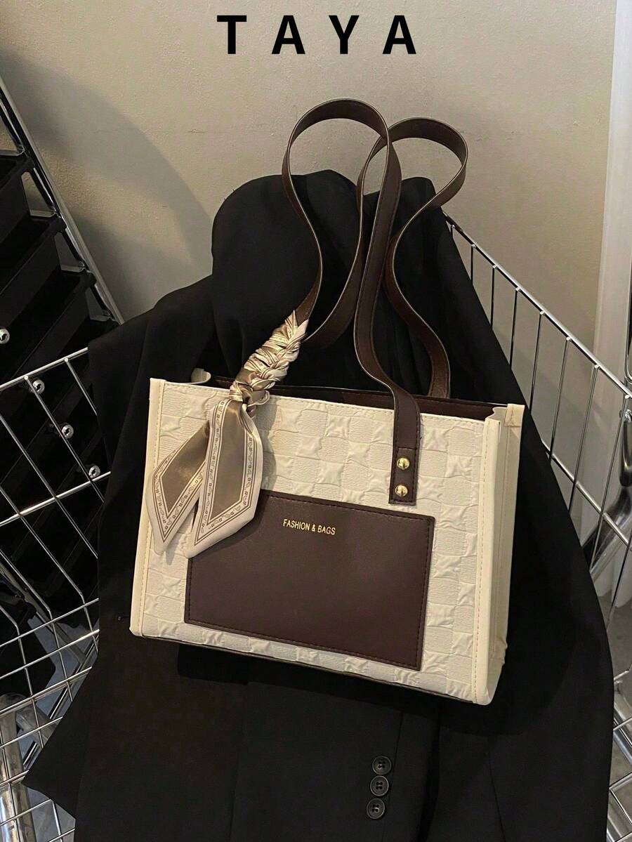 Bolso de hombro versátil de gran capacidad con bloques de color y textura para mujer