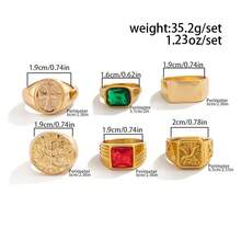6pcs Vintage Gold Stamp Rings, Men's Punk Style Colorful Stacking Rings, Hip Hop Personalized Accessories - Gold - View 7