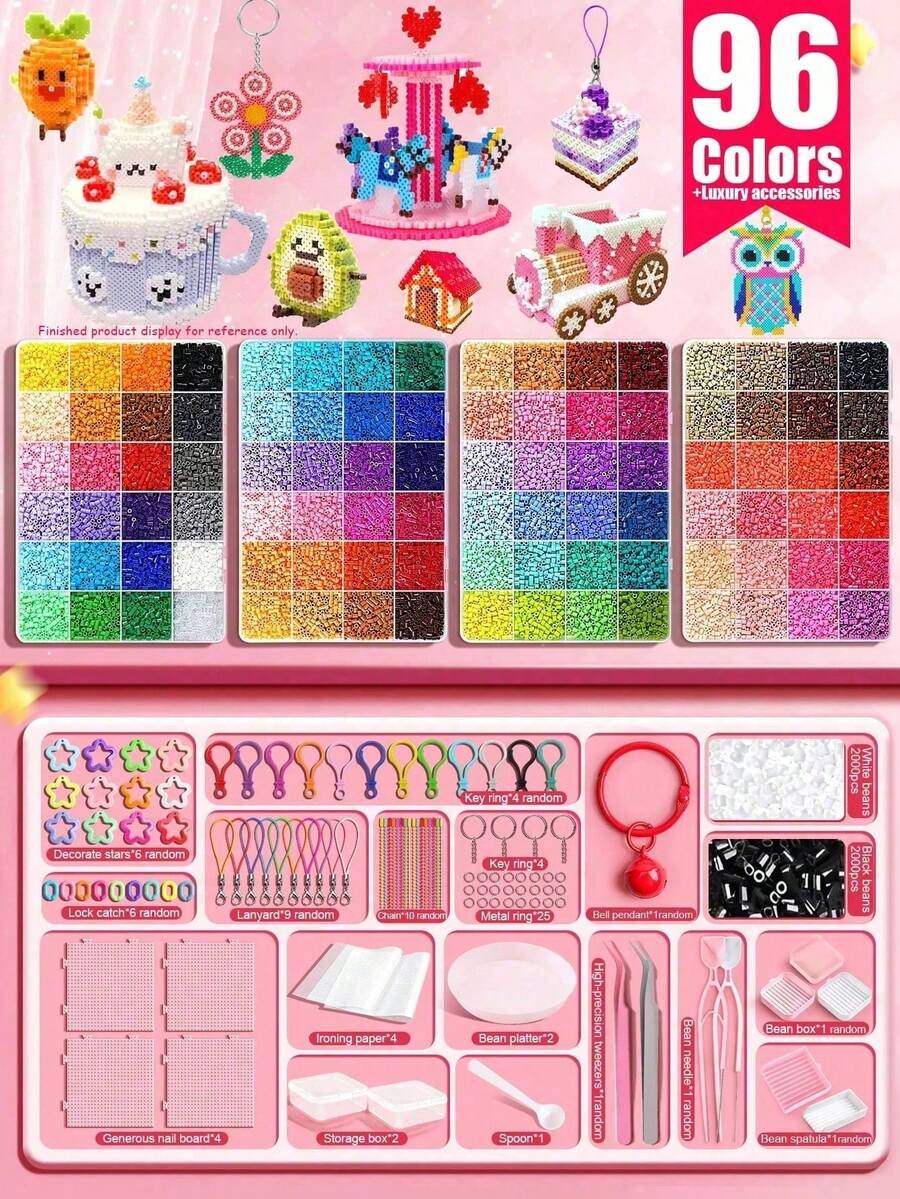24/48/72/96 Colors Fuse Beads Handmade Kit, Includes Square Pegboard, Multi-Layer Storage Box, Ironing Paper, Keychains, Decorative Accessories And Hanging Rope, DIY Bead Art Handmade Kit, Suitable For Holiday, Celebration, Birthday And Valentine's Day Gifts
