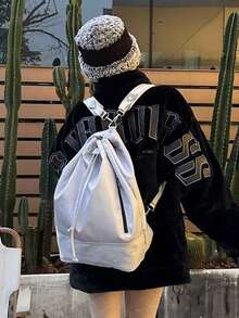 開學季小眾設計 INS 風單肩/雙肩水桶後背包，韓系極簡時尚中性個性化學生包 - 灰色 - 查看 8