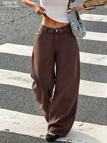 Women's Vintage Brown Wide Leg Jeans, Casual Denim Pants With Zipper And Pockets, Long Design - Coffee Brown - View 1