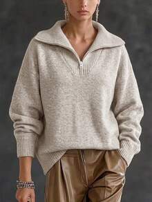 SEREN Sweater Kerah Setengah Resleting Musim Gugur/Dingin Terbaru, Atasan Abu-abu Muda dengan Potongan Longgar, Cocok untuk Perjalanan Sehari-hari, Jalan-jalan, dan Acara Lainnya - Light Grey - View 3