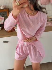 2pcs Women's Semi-Hollow Round Neck Long Sleeve Cute Loungewear + Side Slit Shorts - Pink - View 3