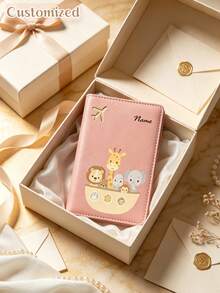 Customized Name Personalized Cute Lion, Giraffe And Elephant Combination Print PU Passport Holder, Multiple Colors Available, Can Store Family Travel Documents, Bank Cards And Other Cards, Soft And Cute, Portable For Daily Use - Multicolor - View 7