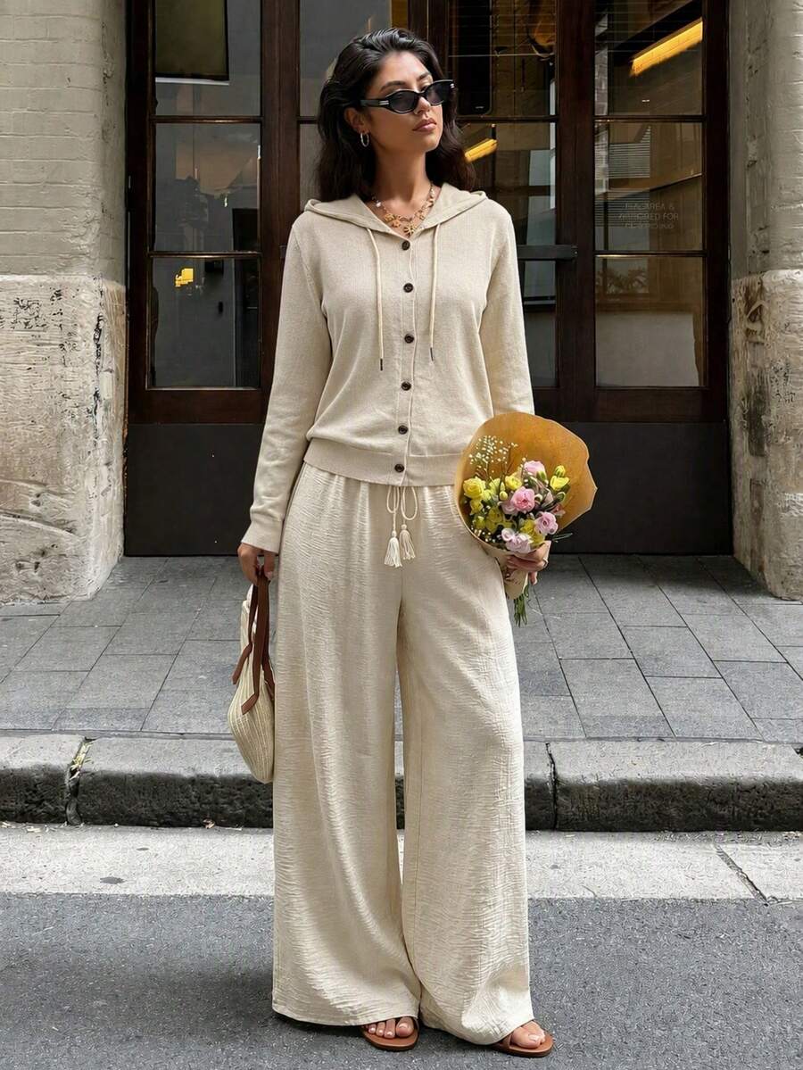 Women's Hooded Cardigan Long Sleeve Button Loose Jacket, Casual Soft Skin-Friendly Drawstring Hood Design Daily Commute Outerwear - Apricot - View 1