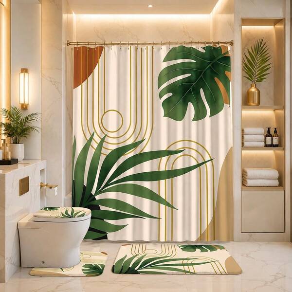 1/4 Pcs Medieval Tropical Bohemian Style Bathroom Set Including Shower Curtain, Bath Mat, U-Shaped Toilet Mat, Toilet Lid Cover, Waterproof Shower Curtain Bathroom Decor, Modern Style Curtain For Bathroom Divider, No Need To Drill, Polyester, Machine Washable Back To School