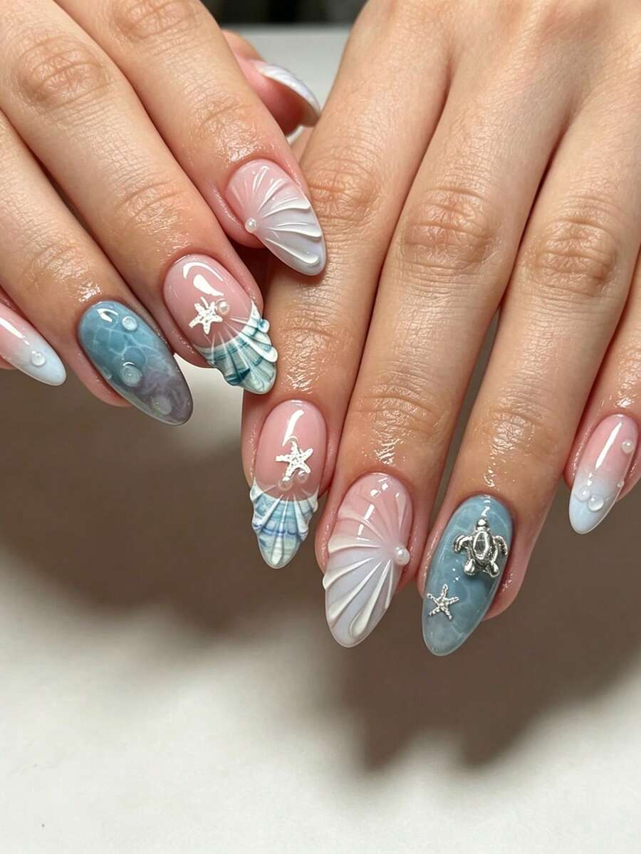 Add A Touch Of Romance 24片杏仁形藍色紮染3D凝膠優雅珍珠法式全覆蓋假指甲,適合女性與女孩,含1片黏貼貼紙與1個迷你指甲锉,適用夏季辦公日常穿戴,隨機果凍膠 - 彩色 - 查看 1