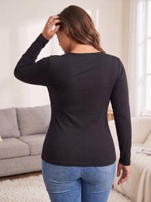 Plus Size Women's Solid Color Long Sleeve T-Shirt, Round Neck, Elastic Slim Fit, Waist-Cinching, Minimalist Daily Layering, Street Style - Black - View 5
