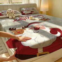 3pcs Christmas Themed Bedding Set (1 Fitted Sheet + 2 Pillowcases, No Fillings), Santa Claus, Reindeer, Mattress Protector, Bedroom Printed Bed Cover, Machine Washable, Multiple Sizes, Suitable For Guest Room, Home, Holiday Atmosphere Decoration - Multicolor01 - View 8