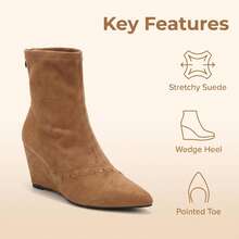 Women's Faux Suede Pointed Toe Wedge Ankle Boots, Elegant Back Zipper Elastic Ankle Boots, Minimalist Solid Color Autumn/Winter Boots - Khaki - View 3