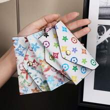 1pc Watercolor Floral Print With Metal Chain Decoration PU Leather Multi-Slot Card Holder Snap Closure Fresh Artistic Style Card Wallet - Multicolor - View 1