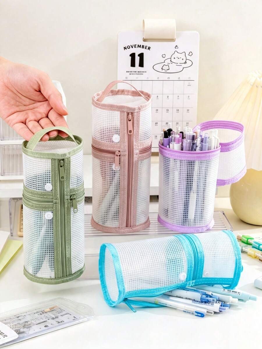 1pc Minimalist Waterproof PVC Mesh Transparent Vertical Pencil Case, Large Capacity Dirt-Resistant Dual Zipper Student Exam Stationery Bag Portable Pencil Storage Pouch, Back To School Essential - Multicolor - View 1