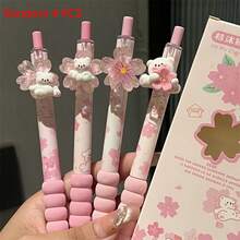 4 PCS Set Of Cherry Blossom Fluffy Bear Soft Grip Click Pens, Healing Milk-Froth Style Black Ink Smooth Flow, 0.5Mm Standard ST Nib Non-Clogging - Multicolor - View 5