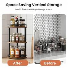 Senmeo 3‑Tier Wood & Iron Rotating Spice Rack, 360° Lazy Susan Turntable, Space Saving Storage Organizer, For Kitchen/Countertop/Cabinet - Black Frame Walnut Color - View 6
