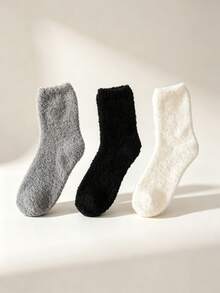 3 Pairs Women's Coral Fleece Mid-Calf Socks, Thickened Fleece Lined Home Sleep Socks, Soft Fluffy Warm Floor Socks, Black White Grey Solid Color Minimalist Half-Fleece Maternity Socks, Dorm Home Non-Slip Warm Feet Socks, Winter Cold-Proof Skin-Friendly Fuzzy Socks - Multicolor - View 3