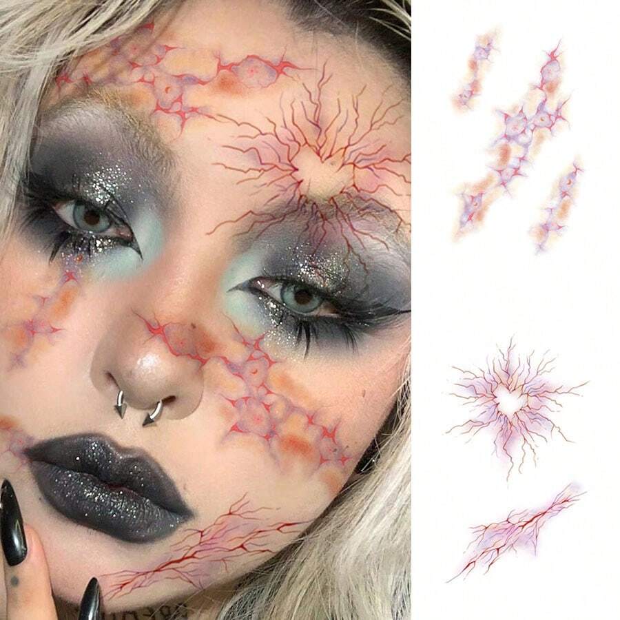 Miếng dán xăm tạm thời Halloween họa tiết mặt vết nứt tĩnh mạch máu chân thực, 2 tờ/bộ, thiết kế nghệ thuật cơ thể phong cách Gothic, sticker trang trí cosplay Halloween dễ dán và dễ gỡ