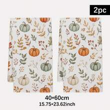 2pcs Autumn Theme Mori Style Autumn Leaf Pumpkin Floral Pattern Kitchen Towels, Rectangular Microfiber, Dish Cloth, Scouring Pad, Hand Towel, Cooking Baking Tea Towel, Kitchen Decor, Housewarming Gift, Birthday Gift, Bathroom Cleaning Wet Wipes, Decorative Towels - White - View 2