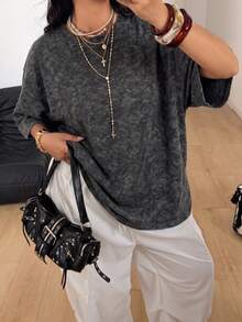 夏季新款簡約寬鬆休閒圓領紮染短袖T恤，時尚百搭女款上衣 - 黑色 - 查看 3