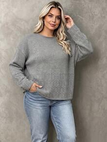 Women's Plus Size Knitwear Pullover Sweater With Drop Shoulder And Round Neck, Long Sleeve Grey Top For Fall And Winter. - Grey - View 5
