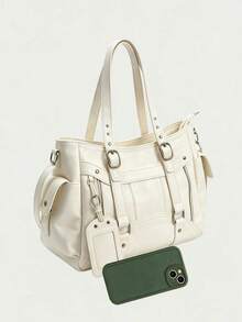 Metal Buckle Pendant Decor, Large Capacity Storage With Zipper Closure, Suitable For Daily Commute And Travel, Can Be Paired With Shoulder Strap For Multiple Carrying Styles, Casual Accessory Bag, Fits Various Outfit Styles Fashion Tote Bag - White - View 3