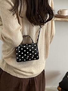 Mini Polka Dot Pattern Fashion PU Designer Style Elegant Women's Flap Top Small Handbag, Square Crossbody Shoulder Bag - Black - View 6