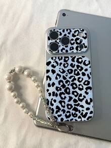 Cool Light Blue Background Black Leopard Print Electroplated Silver Large Window Phone Case Leather Texture Raised Camera Full Coverage Anti-Drop Hard Shell Compatible With Apple 11/12/13/14/15/16/17/18 Retro Hot Girl Style Personalized Protective Cover - Silver - View 6