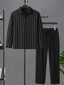 Setelan 2 Potong Pria Ukuran Besar, Warna Polos Musim Gugur, Kain Bertekstur, Kasual, Kemeja Polo Lengan Panjang dan Celana Ukuran Besar - Hitam - View 2