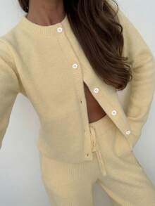 MORI Fall Winter Y2K Yellow 2 Pieces Knit Set Women Button Down Cardigan Sweater Wide Leg Pants Lounge Matching Outfits Vacation Chic Going Out - Light Yellow - View 4
