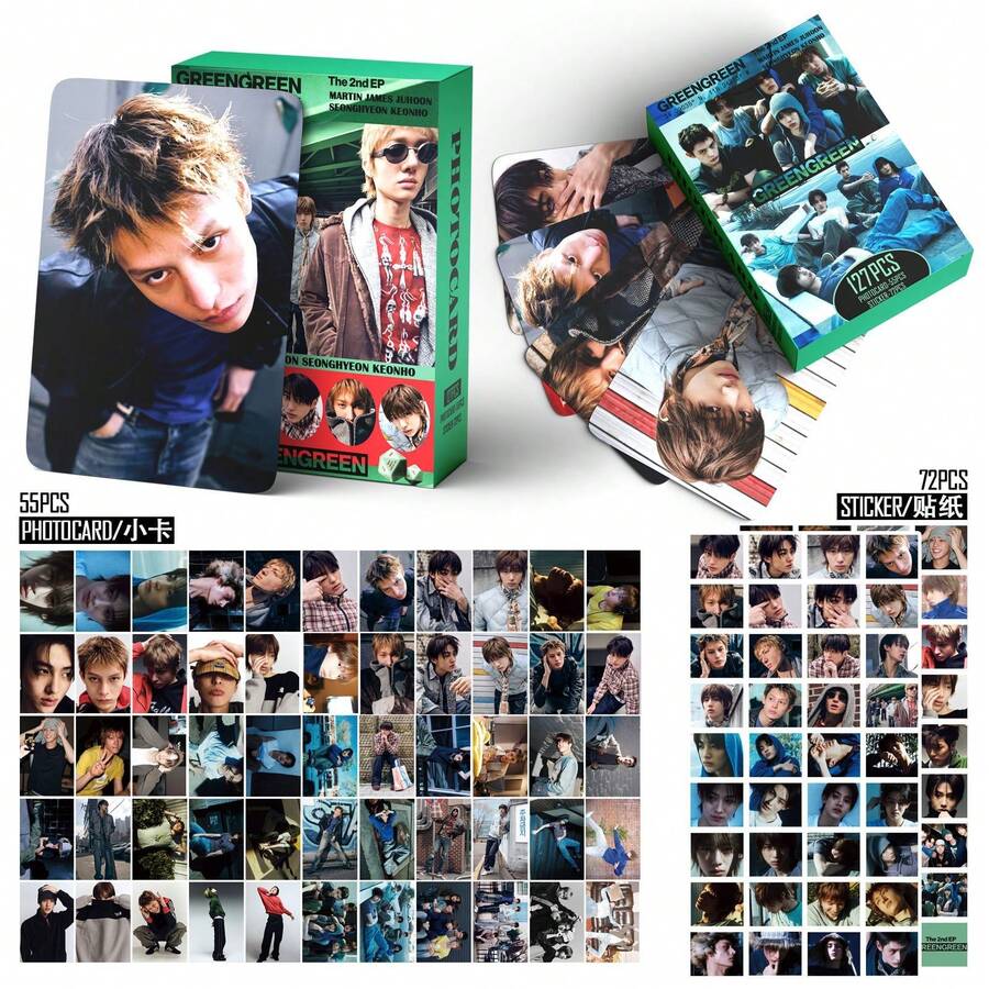 55pcs Green Green Boy Group EP Album Photocard Sticker Set, 55 High-Definition Collectible Photocards With 72 Decorative Stickers, Street Style Member Photos, Multiple Looks, High Printing Fidelity. Suitable For Overseas Fans To Collect, Can Be Put Into Card Albums, Used For Scrapbook DIY, Desktop Decoration, Idol Support Merchandise, Gift Box Packaging, Suitable For Enthusiasts To Keep, Also Can Be Given As Exquisite Small Gifts To Fellow Fans. - Multicolor - View 1