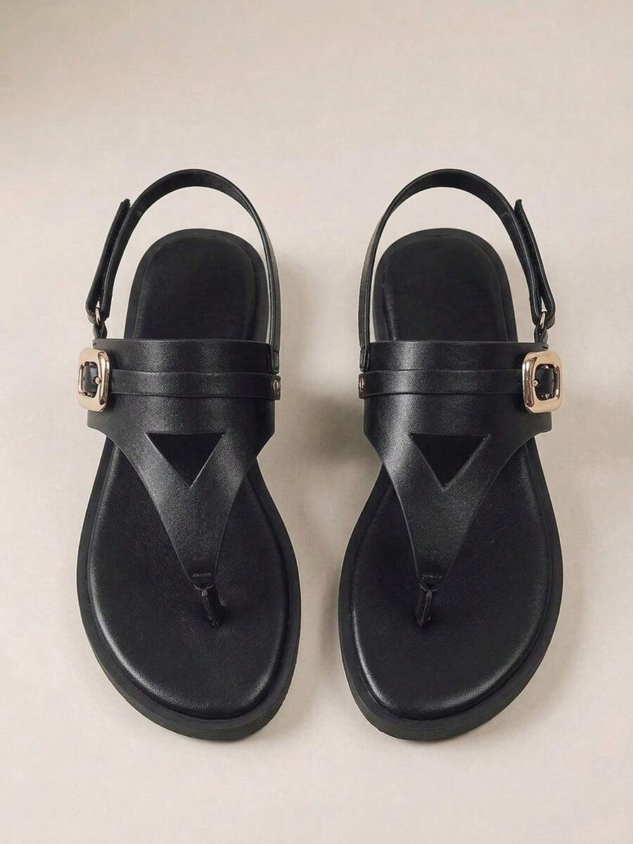 HighSole 女款方頭圓趾純色扣飾通勤職場百搭平底涼鞋,舒適一腳蹬 - 黑色 - 查看 1