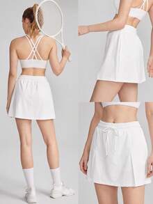 Women's Multi-Function Drawstring Lightweight Sports Skort, Suitable For Tennis, Yoga, Casual, Campus, Spring/Summer Daily Activities, White - White - View 5