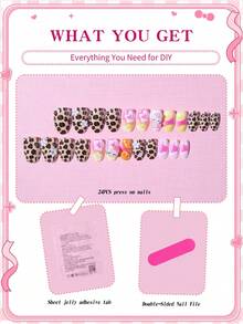 Sanrio Hello Kitty 24pcs Y2K Short Oval 3d Pointed Leopard French Press On Nails With Hello Kitty, Flower And Lemon Pattern Design,Gradient Design,Perfect Fit Acrylic False Nails Set, Including 1 Jelly Gule And 1 Nail File,For Girls Daily Party Use - Multicolor - View 4