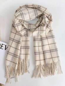 1pc Women's Plaid Tassel Scarf, Autumn/Winter Shawl - Beige - View 1