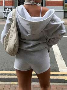 NOIRLYN Women's Casual Sweatshirt 2 Pieces Set, Solid Color Hooded Zip-Up Long Sleeve Jacket Top With High-Waisted Wide Leg Shorts Outfit, Autumn/Winter - White Flower Gray - View 8