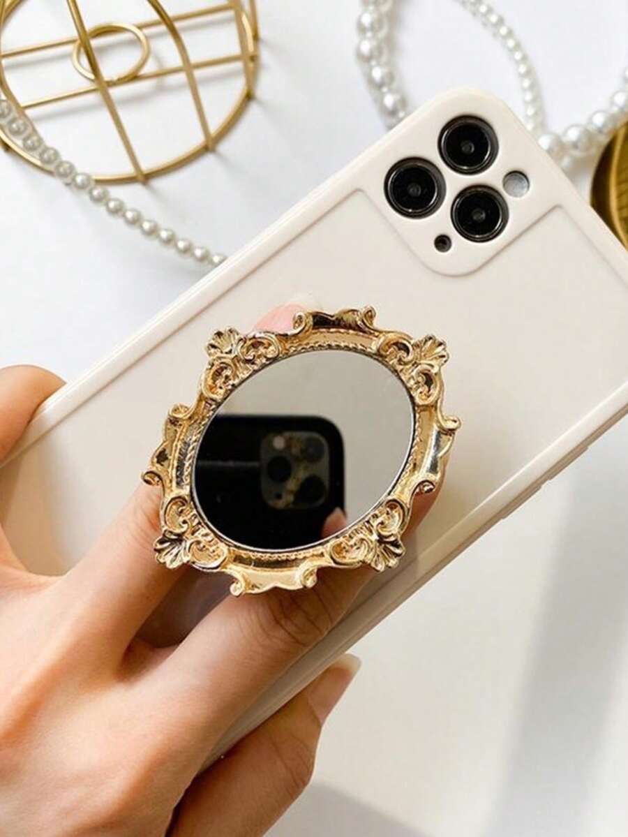 Vintage Pattern Mirror Creative Phone Grip Stand, Foldable Slouchy Desktop Round Mirror Stand, Perfect Phone Gift, Halloween Gift, Christmas Gift, Compatible With Iphone, Android Phones, Birthday Gift, Gift For Family And Friends, Sliding Phone Stand, Phone Accessory - Multicolor - View 1