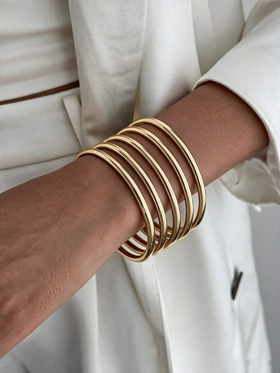 5pcs/Set Vintage Fashion Geometric Curved Smooth Plain Metal Bangles For Women, Elegant Glamorous Daily Casual Party Gathering Vacation Travel Couple Date Holiday Versatile Jewelry Bracelet Gift