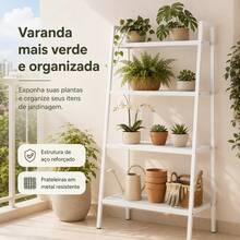 Estante para Plantas em Formato de Escada Quatro Níveis Cor Branco Cremoso, Aço Carbono Reforçado com Pintura Anti-ferrugem, Dimensões 60*35*150cm, Base Ampla Antiderramamento para Varandas e Jardins - EstantePlantas-4AndaresEscada-Branco - Visão 7