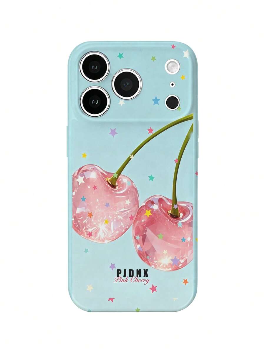 PJDNX 1pc Light Blue Crystal Cherry Print Phone Case With Colorful Star Elements, Stripes, Fruit Style, Bear, Glossy Film Hard Shell, Precise Camera And Earpiece Cutouts, Full Coverage, Ultra-Lightweight Bare-Hand Feel, Phone 17 Pro Max Phone Case, Compatible With Phone 16 Pro Max, 15 Pro Max, 14 Pro Max High-End Fashion Fun Phone - Blue - View 1