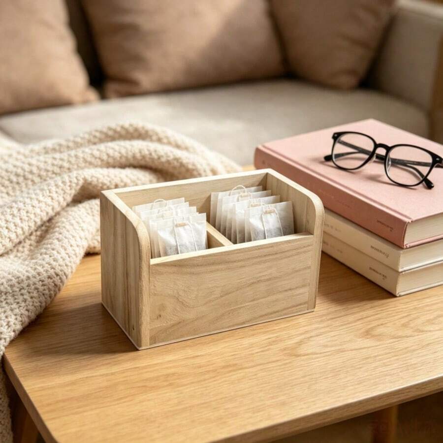 IDUK 1PC Wooden 2-Compartment Tea Bag Storage Box Organizer For Home Hotel Desktop Display Cafe Bar Counter Kitchen Tea Caddy Holder With Divider Compartments Perfect For Tea Lover Gift Ideas Decorative - Maple - View 1