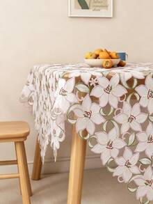 HXARTMIS 1pc Pink Floral Embroidered Hollow Tablecloth, Square Decorative Table Cover, Vintage Style Dining Table Home Decor, Suitable For Daily Home Decoration - Pink - View 3