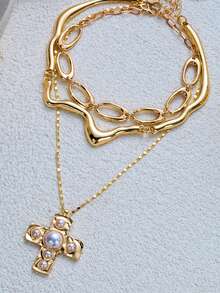 3 buah Kalung Choker Tekstur Logam Lava Cair untuk Wanita, Desain Geometris Minimalis Berpilin dengan Liontin Salib, Cocok untuk Pesta, Pertemuan, Hadiah, dan Pemakaian Sehari-hari - Emas - View 3