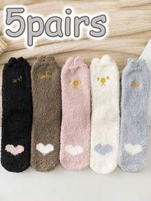 1/2/5 Pairs Cute Cat Paw & Small Ear Design Women's Warm Mid-Calf Socks, Thick Long Socks, Floor Socks, Suitable For Daily Wear And Gifting - Multicolor - View 14