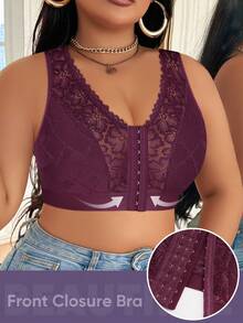 MEIYATING Plus Size Women's Front Closure Bra, Floral Lace Patchwork Hollow Shoulder Strap, Lightweight Push-Up Tank Top Style, Sexy Wire-Free Lingerie - Red Violet - View 4